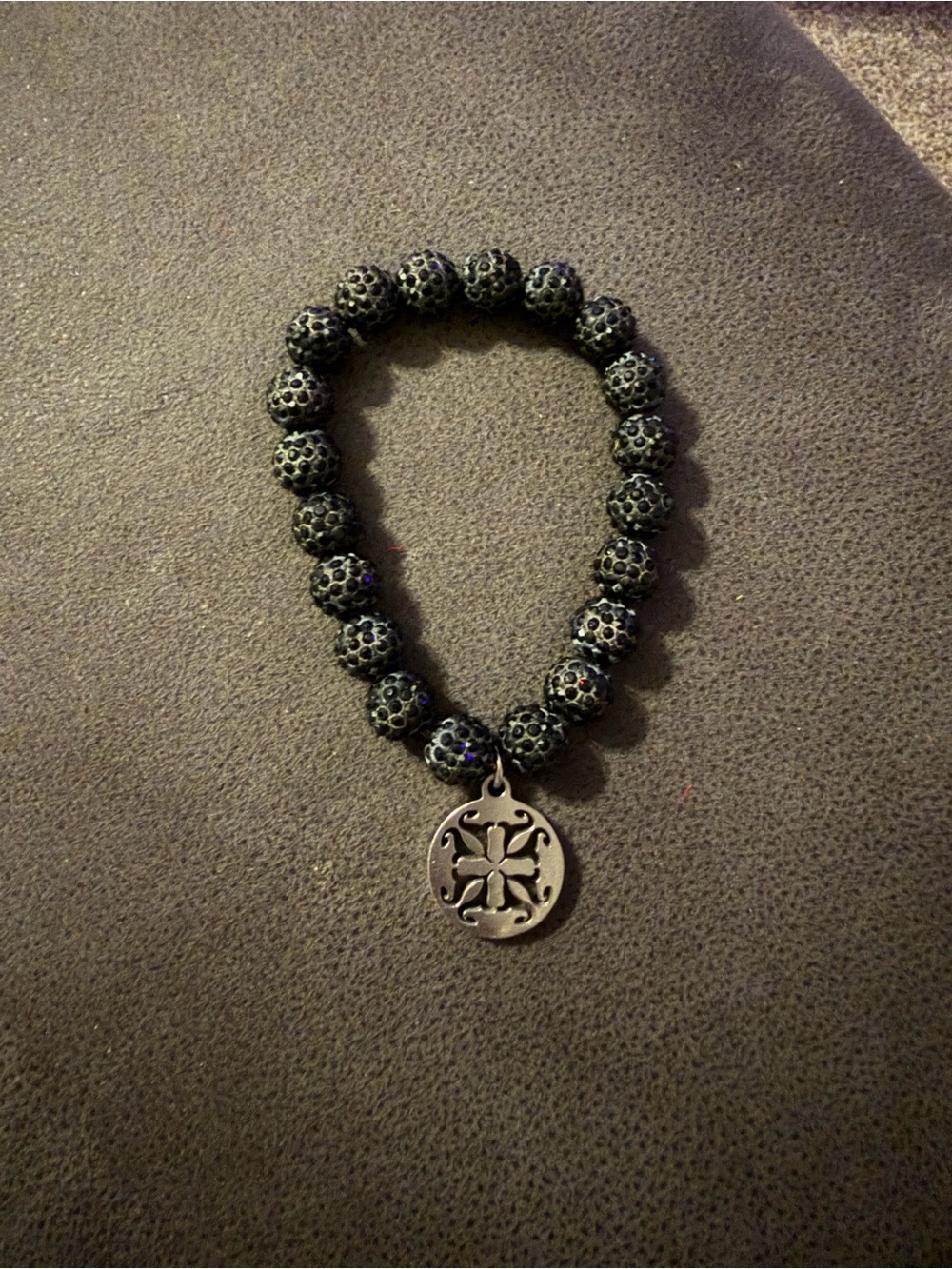 Rustic Cuff Black Sparkle Beaded Bracelet with Decorative Pendant